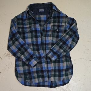 1960s Pendleton Plaid Virgin Wool Men's Shirt Green Blue Size 16 1/2 Flawed